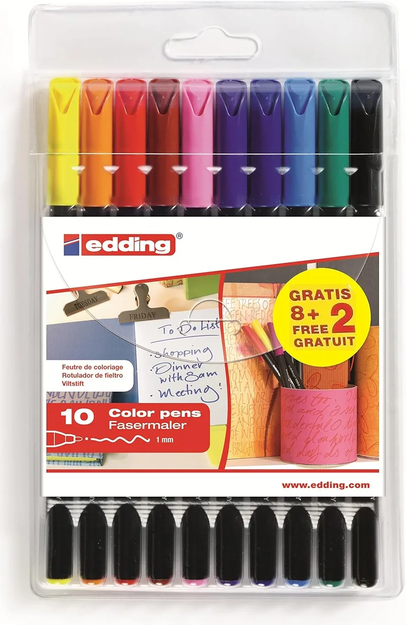 Edding ▫️ marcador colorido de traço fino 1200 - multicolorido - 8 canetas + 2 grátis - ponta redonda de 1 mm - caneta para desenhar e escrever - conjunto para a escola