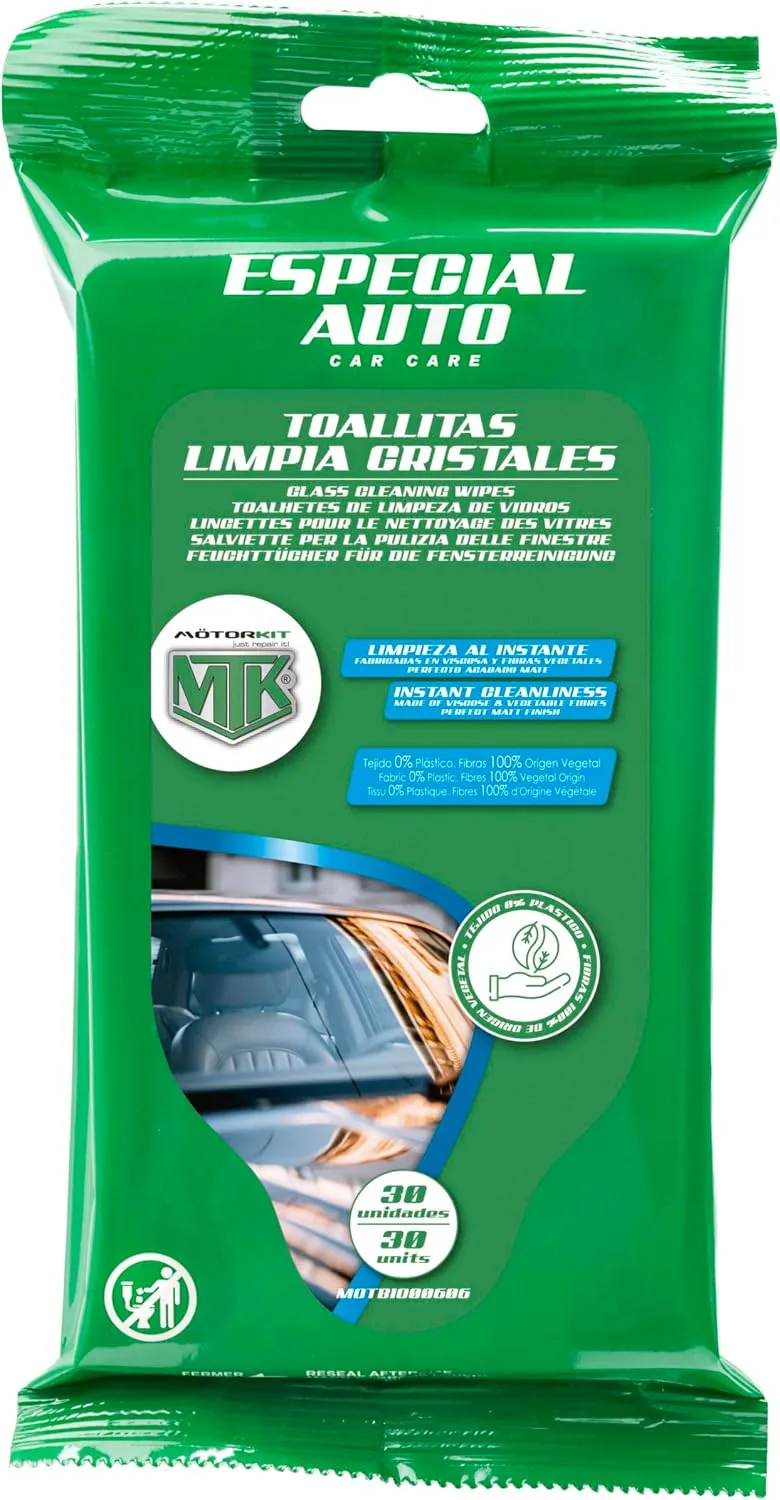 Motorkit ▫️ Toalhetes de tecido biodegradável para vidros de automóvel MTK, 30 unidades.