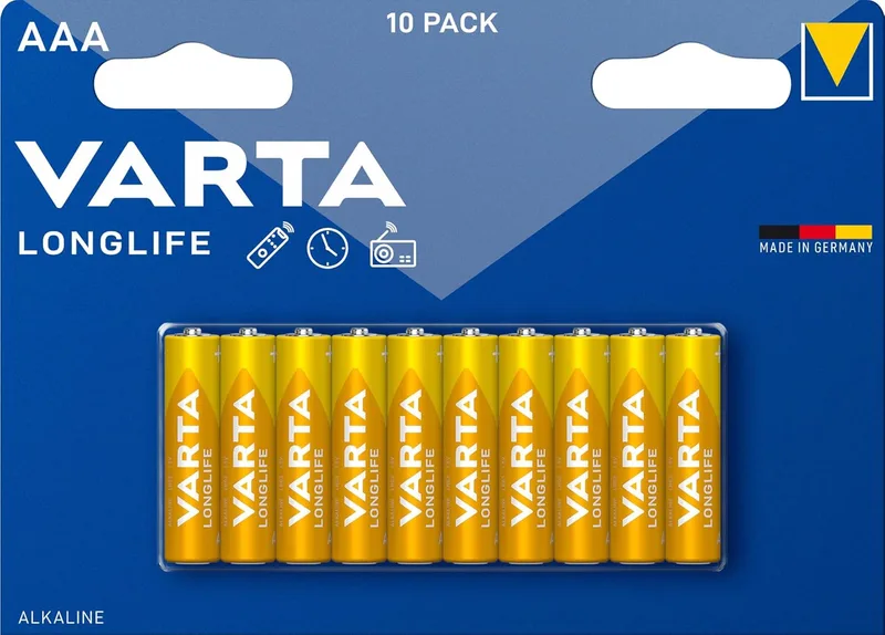 Varta ▫️ Pilha Longlife Power AAA Micro LR03 (embalagem de 10), pilha alcalina - "Made in Germany" - Adequada para brinquedos, lanternas, telecomandos e outros aparelhos a pilhas