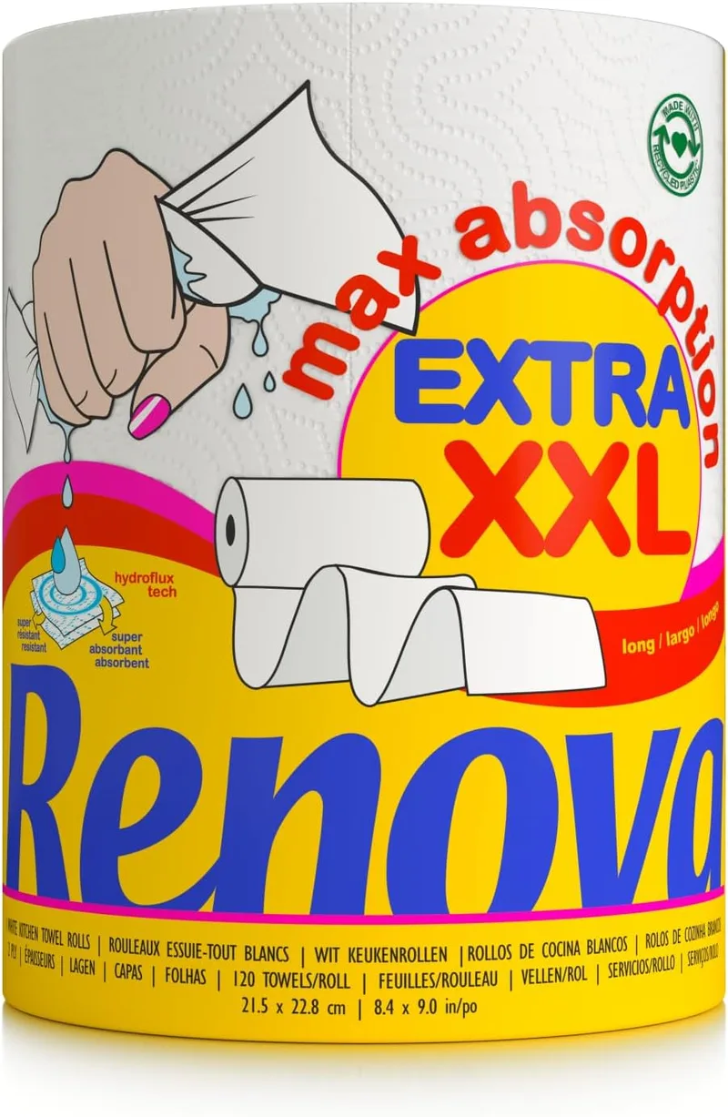 RENOVA ▫️ Maxiabsorção, Rolos de cozinha XXL, Triplo, Branco - 1 rolo