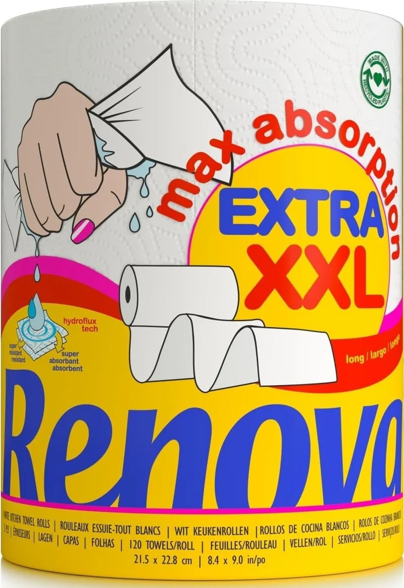 Renova ▫️ Maxiabsorption, Rolos de papel de cozinha XXL, Triplo, Branco - 1 rolo
