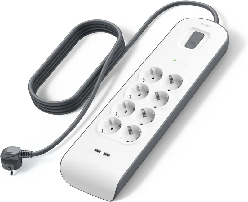 Belkin ▫️ Extensão eléctrica de 8 tomadas com 2 portas USB-A (2,4A) com proteção contra picos de tensão, 900 joules, antirroubo, cabo de 2 metros, multi tomadas com proteção de energia, casa e escritório