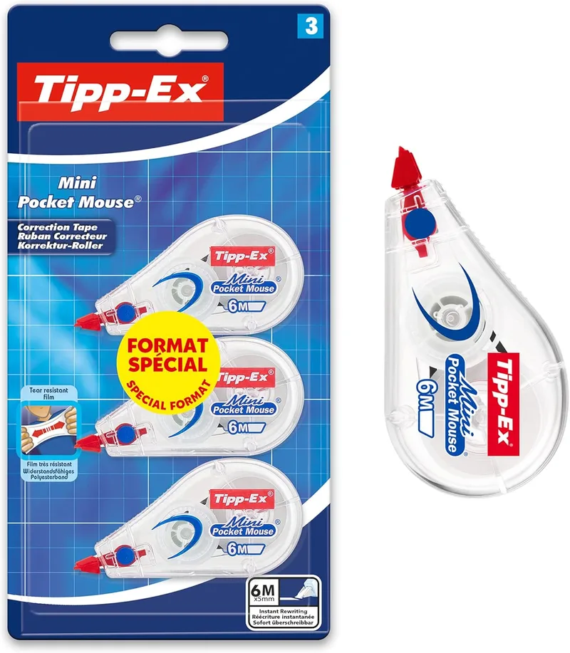 BIC ▫️ Tipp-Ex Mini Pocket Mouse Corretion Tape - 6 m x 5 mm, Blister de 3 unidades.
