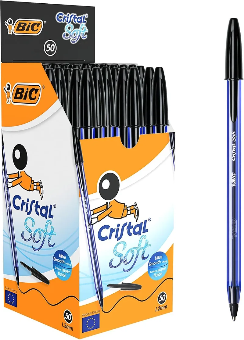 BIC ▫️ Canetas esferográficas Cristal Soft de ponta média (1,2 mm) - Preto, caixa com 50 canetas