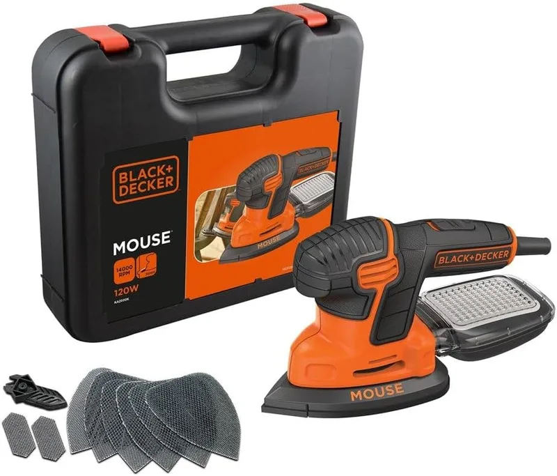 Black+Decker ▫️ Lixadeira de detalhes Mouse 120 W, 3 zonas de preensão, encaixe rápido da lixa, recipiente para pó com microfiltração, inclui 6 folhas de lixa e mala de transporte, KA2500K