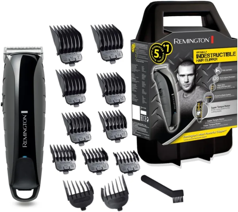 Remington ▫️ Máquina de cortar cabelo para homem, corte profissional, lâminas em aço inoxidável, estrutura em policarbonato indestrutível, 11 pentes, 1,5-25 mm, bateria de lítio, 120 minutos de autonomia sem fio, estojo HC5880