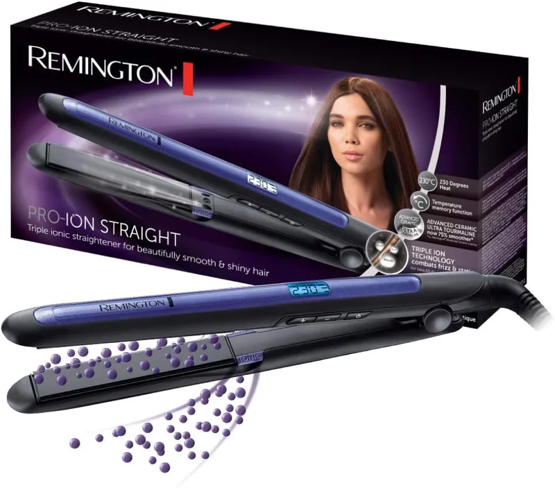 Remington ▫️ Alisador de cabelo tecnologia iónica tripla: menos frisado e eletricidade estática Cerâmica Pro-Ion com ultra turmalina, visor LCD, 150-230 °C, função de temperatura turbo S7710