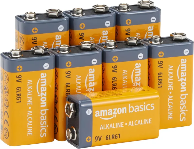Amazon Basics ▫️ Embalagem de 8 pilhas alcalinas de 9 V, 9 V/6LR61, vida útil de 5 anos, para detetores de fumo/monóxido de carbono, eletrónica e áudio