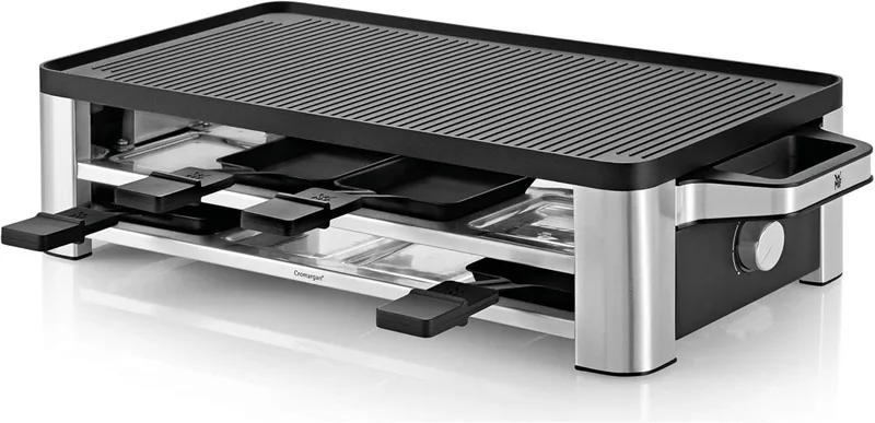 WMF ▫️ Lono - Grelhador e grelhador Raclette, 1500 W, grelhas antiaderentes, 8 espátulas e 8 frigideiras, adequado para crepes, aço cromado