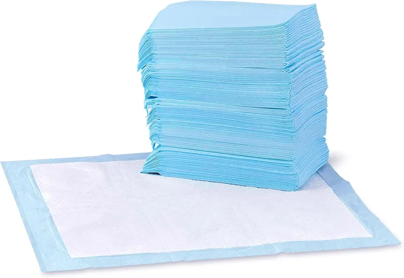 Amazon Basics ▫️ Tapetes de treino para cães e cachorros, design de 5 camadas à prova de fugas com superfície de secagem rápida, tamanho normal, 100 unidades, azul