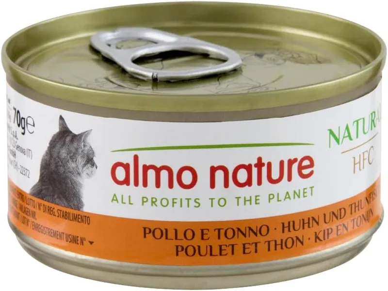 almo nature ▫️ HFC Natural - Ração Húmida para Gatos Adultos - Frango e Atum - Grau Humano, Sem Glúten - 70g, Embalagem de 24