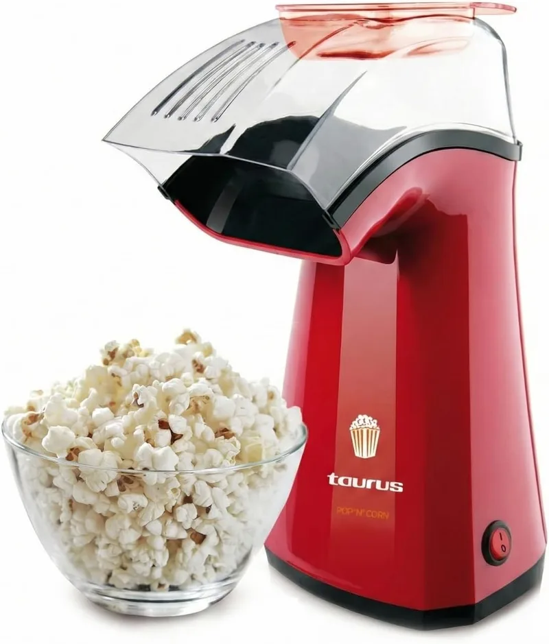 Taurus ▫️ Pop'N'Corn Popcorn Popper, pipoqueira eléctrica, 1100 W, pipocas, sem óleo, ar quente, pronta em 3 minutos, tampa transparente, compacta, portátil, fácil de limpar, vermelha
