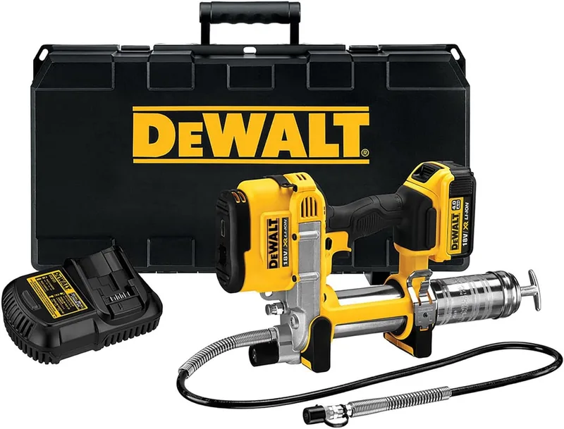 DEWALT ▫️ DCGG571M1-QW - Pistola de lubrificação a bateria XR 18 V 4 Ah Li-Ion, sem fios, bateria incluída, carregador multitensão, alça de ombro e mala TSTAK
