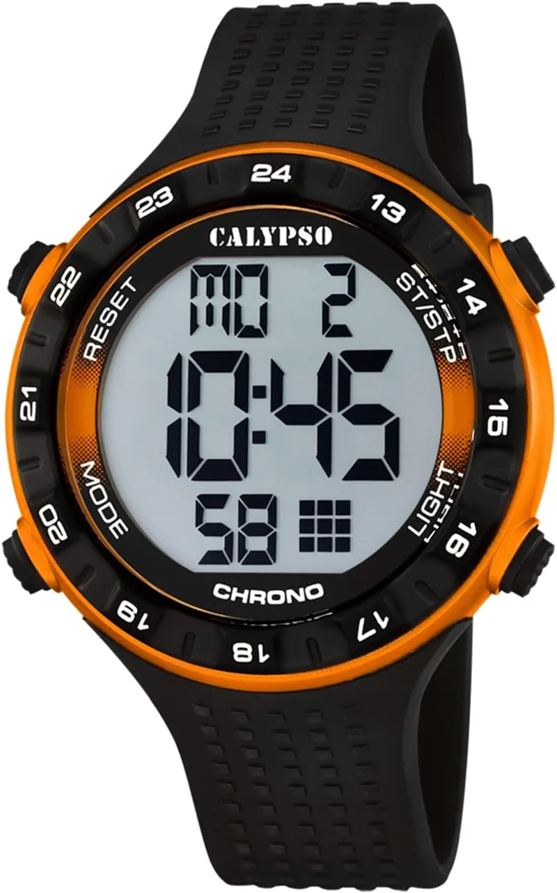 CALYPSO ▫️ Relógio Digital Masculino em Borracha Preta Relógio Desportivo Masculino - Resistente à Água 10 ATM Data e Calendário, Cronógrafo, Duplo Fuso Horário, Luz, Alarme, 12 e 24 Horas K5663/3 Flash Time