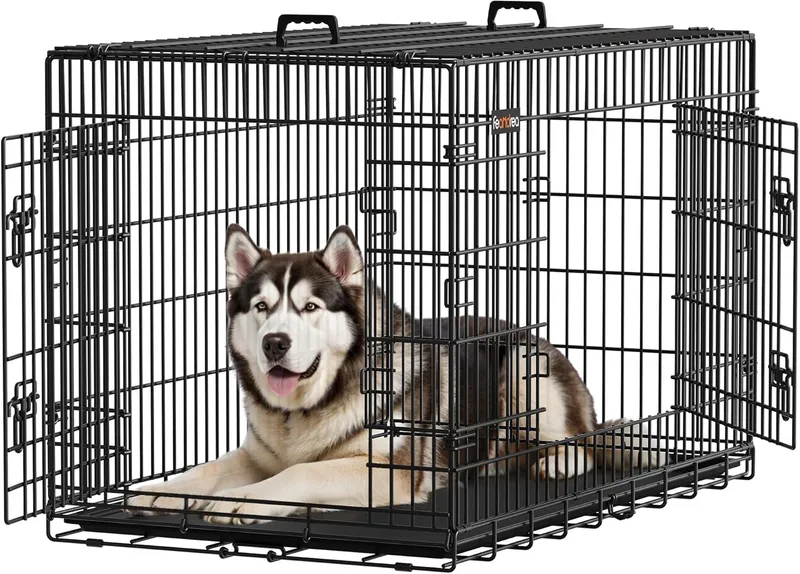 Feandrea ▫️ Caixa de Transporte para Cães Dobrável com 2 Portas, Tabuleiro Removível, 122 x 74,5 x 80,5 cm, XXL, Preto PPD48H