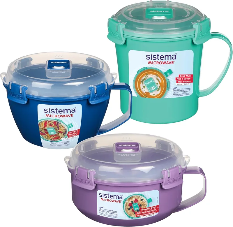 Sistema ▫️ de recipientes para micro-ondas : Taça de sopa, taça de papa e taça de massa para micro-ondas : Recipientes para micro-ondas com válvulas de libertação de vapor : Sem BPA : 3 unidades