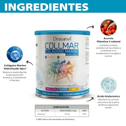 Drasanvi ▫️ COLLMAR Colagénio Marinho Hidrolisado com Ácido Hialurónico, Vitamina C | Sem edulcorantes | Absorção máxima de 9 660 mg/dia | 275 g de pó | Sabor a baunilha 3