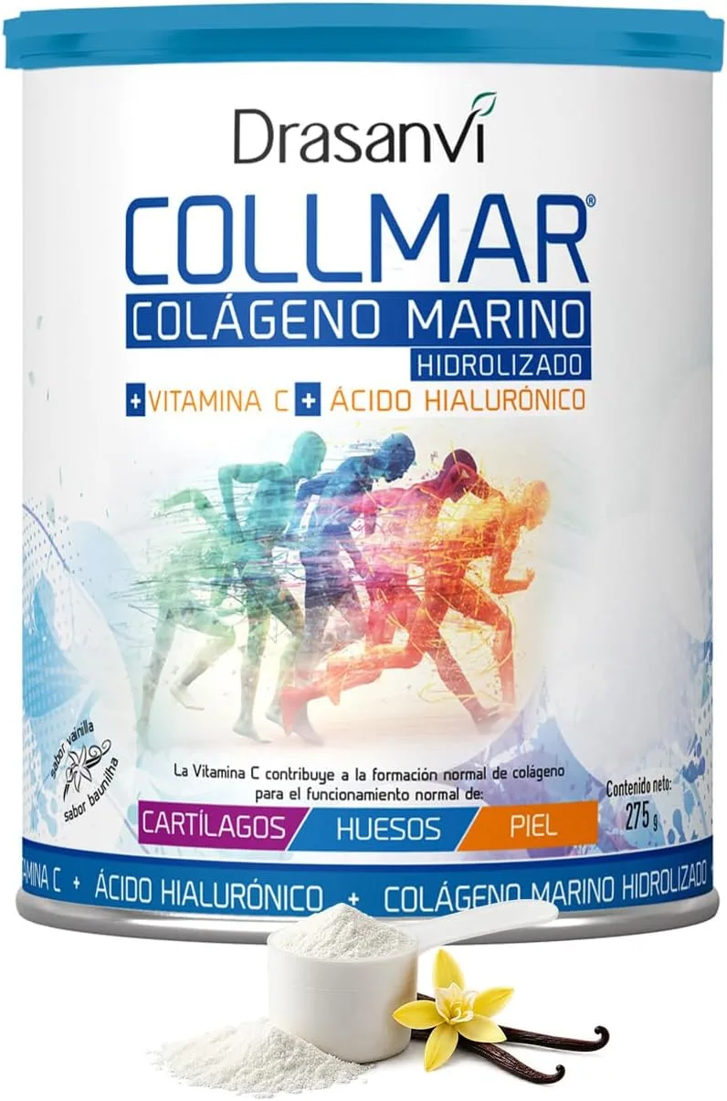 Drasanvi ▫️ COLLMAR Colagénio Marinho Hidrolisado com Ácido Hialurónico, Vitamina C | Sem edulcorantes | Absorção máxima de 9 660 mg/dia | 275 g de pó | Sabor a baunilha