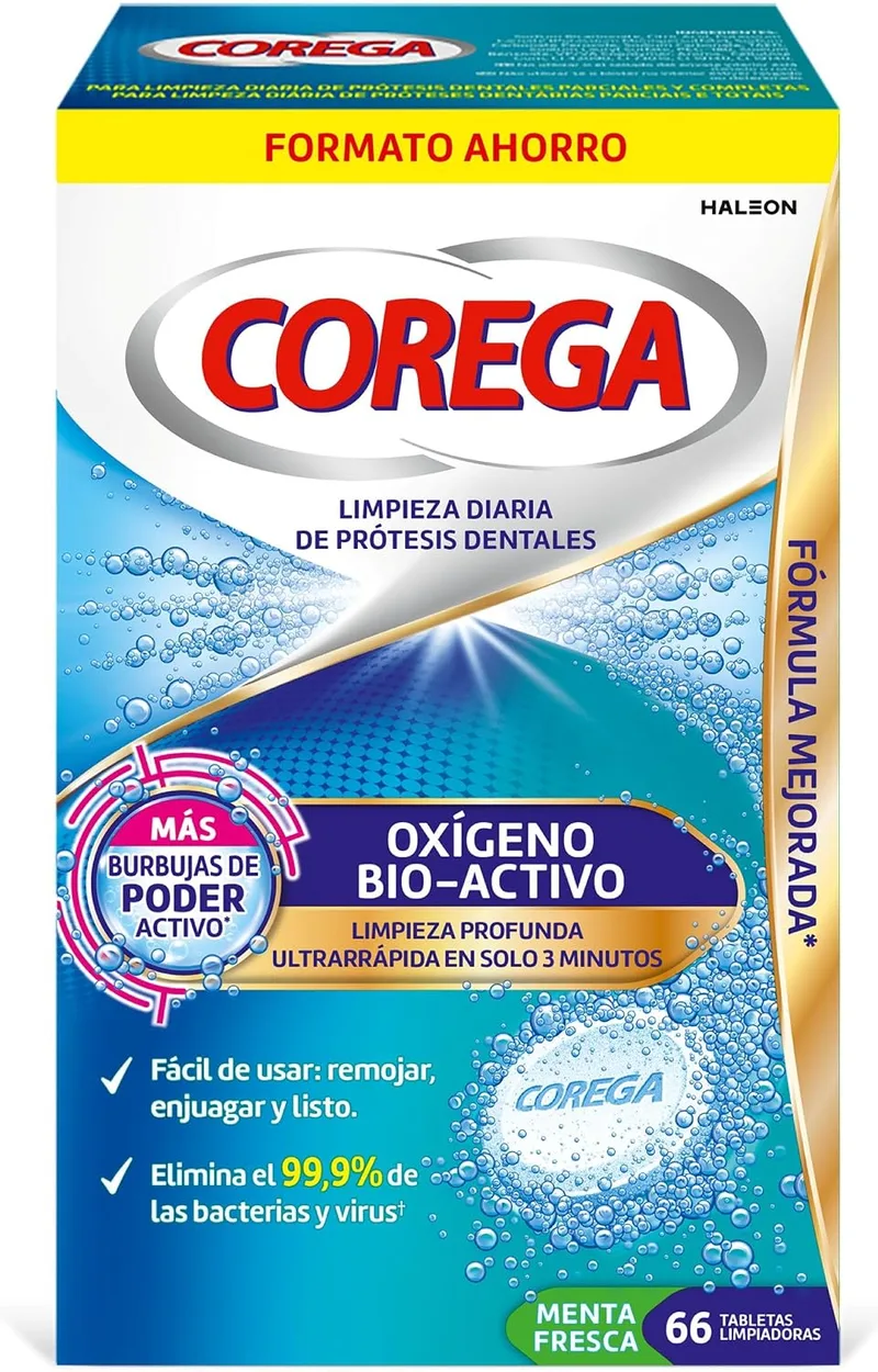 Corega ▫️ Oxigénio Bioativo — Pastilhas de Limpeza para Próteses, 66 unidades