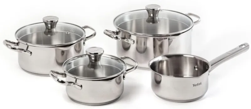 Tefal ▫️ Duetto - Conjunto de 3 frigideiras 16/20/24 cm + caçarola 16 cm + 3 tampas, adequado para indução, Thermo-Fusion, marcas de medição, lavável na máquina de lavar louça e no forno, aço inoxidável