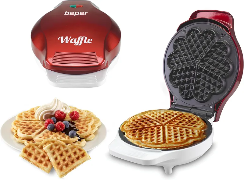 BEPER ▫️ BT.603Y Ferro para Waffles, ferro para Waffles, 5 Waffles de cada vez, antiaderente 18 cm, 800 - 1000 W, vermelho e branco