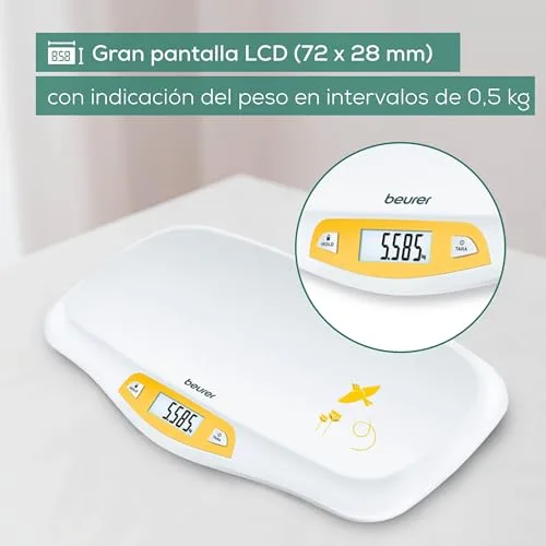 Beurer ▫️ Balança para bebés BY 80, com superfície curva e segura, capacidade de 20 kg, função de tara e retenção para bebés que dão pontapés, medição e visualização em incrementos de 5 g 5
