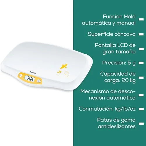Beurer ▫️ Balança para bebés BY 80, com superfície curva e segura, capacidade de 20 kg, função de tara e retenção para bebés que dão pontapés, medição e visualização em incrementos de 5 g 7