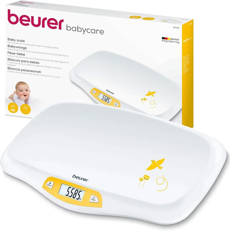 Beurer ▫️ Balança para bebés BY 80, com superfície curva e segura, capacidade de 20 kg, função de tara e retenção para bebés que dão pontapés, medição e visualização em incrementos de 5 g