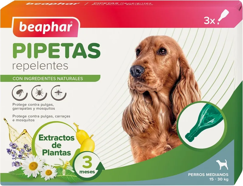 Beaphar ▫️ Natural Repellent Pipettes for Medium Dogs (15 to 30 kg) - 3 Months Proteção natural contra carraças, pulgas e mosquitos - 3 pipetas de 2 ml,