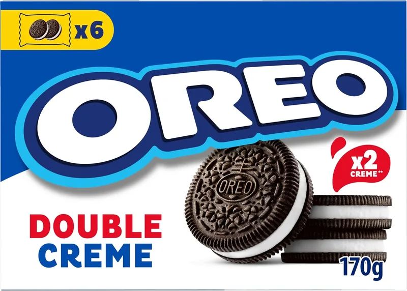 Oreo ▫️ Double Crème, bolachas recheadas de chocolate com sabor a baunilha Double Crème, bolachas clássicas mas com um toque especial, embalagem de 170 g