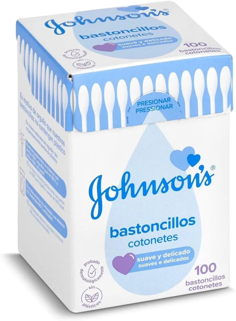 Johnson's Baby ▫️ Cotonetes para bebés, crianças e adultos (1 x 100 unidades), cotonetes com pontas 100% de algodão puro e hastes 100% de papel