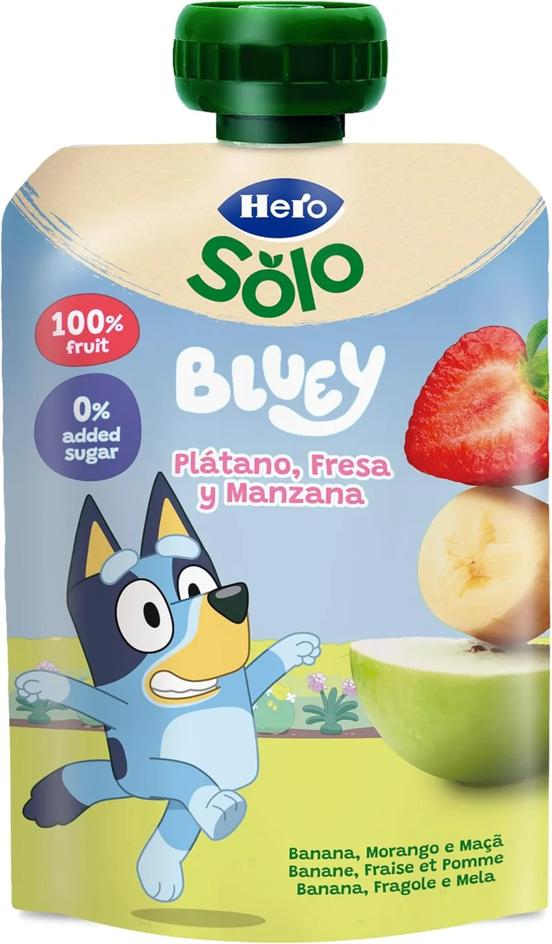 Hero Baby ▫️ Comida para bebé com puré de banana, morango e maçã Saco de heróis 100 g