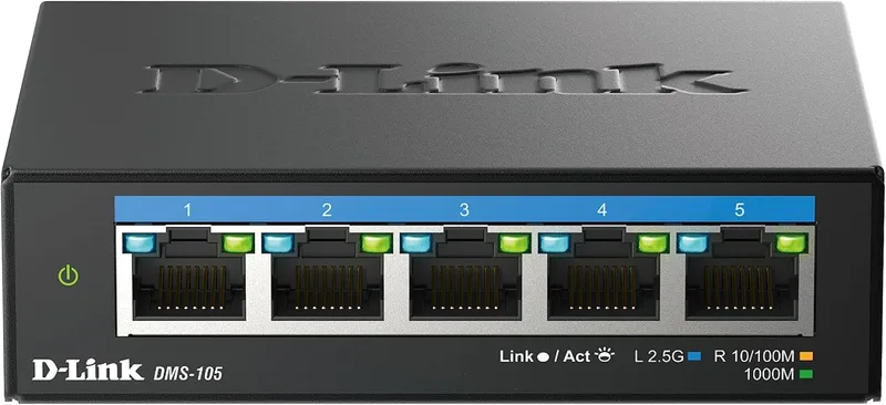 D-Link ▫️ DMS-105, Switch multigigabit, não gerido, de secretária, 5 portas 2,5 Gigabit (2.500 Mbps), Ideal para NAS ou ligação de servidores, metálico, Plug and Play, IGMP Snooping
