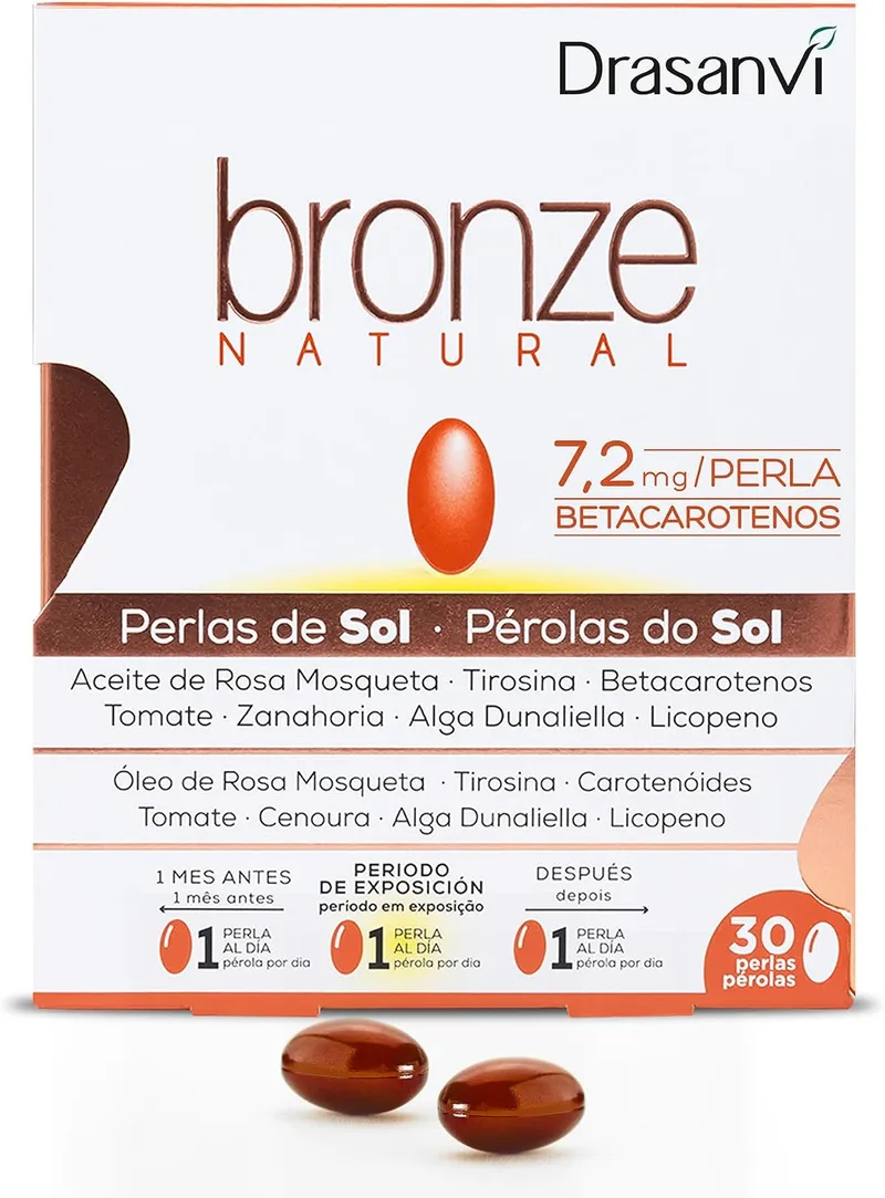 Drasanvi ▫️ Acelerador de bronzeamento | Betacarotenos | Protege a pele dos raios UVA e previne o envelhecimento | Rosa mosqueta, tomate, cenoura e alga Dunaliella, Vitamina E, licopeno, luteína | 30 dias | Com betacarotenos, rosa mosqueta, tomate, cenoura e alga Dunaliella, protege a pele dos raios