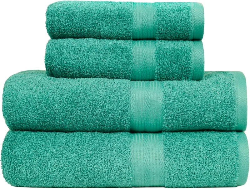 Amazon Basics ▫️ Conjunto completo de toalhas de banho 100% algodão, 2 toalhas de banho + 2 toalhas de mão, verde, embalagem de 4 unidades