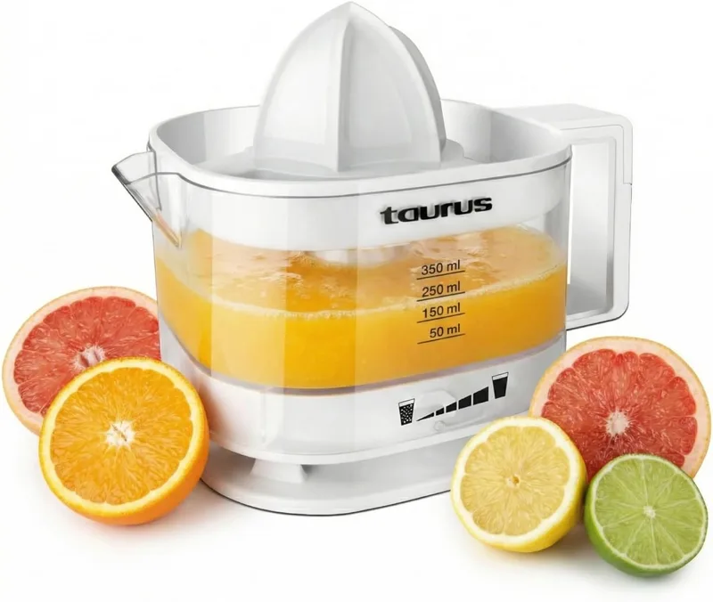 Taurus ▫️ Espremedor elétrico TC-350, 25 W, sumo de citrinos, filtro de polpa ajustável, jarro transparente de 350 ml, sem BPA, desmontável, rotação bidirecional, lavável na máquina de lavar louça, base antiderrapante, branco