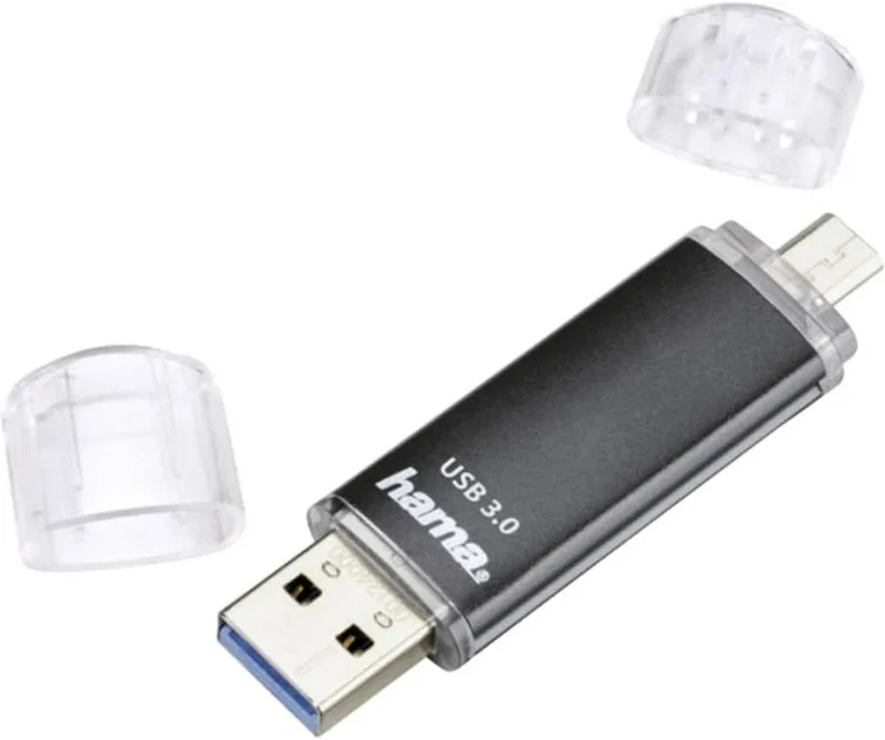 Hama ▫️ Pen USB com duas entradas (USB-A e Micro-USB) de 64 GB, Preto | Pen USB 3.0 de 40 MB/s para telemóveis e PC, armazenamento portátil com OTG, ideal para fotografias e documentos