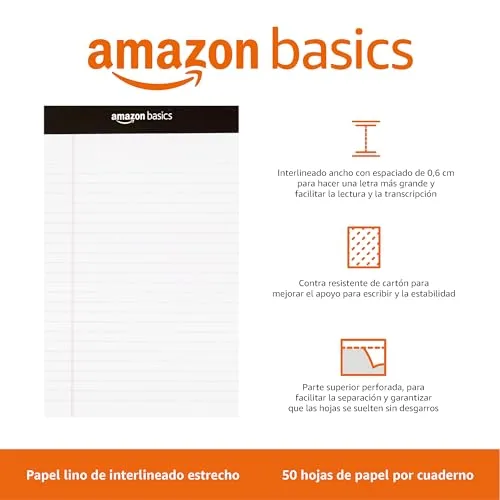 Amazon Basics ▫️ Bloco de notas com linhas estreitas, 5 x 8 polegadas, A5, Branco, 50 unidades, Embalagem de 12 2