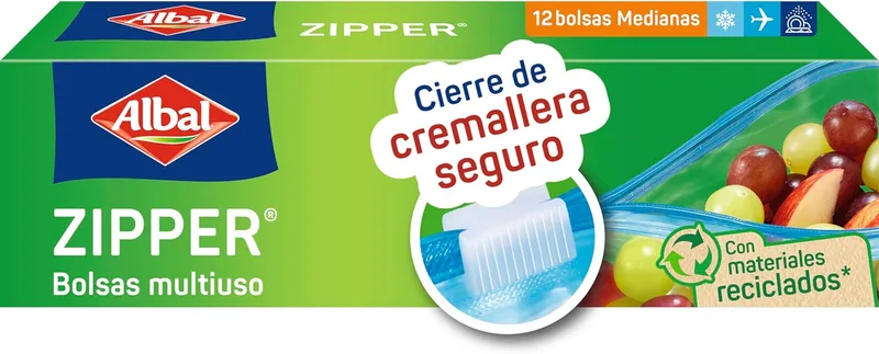 Albal ▫️ Sacos multifunções com fecho de correr de 1 litro, fabricados a partir de 70% de materiais reciclados, altamente resistentes, reutilizáveis, recicláveis, fecho de correr hermético, fundo plano, 12 sacos, 12 sacos