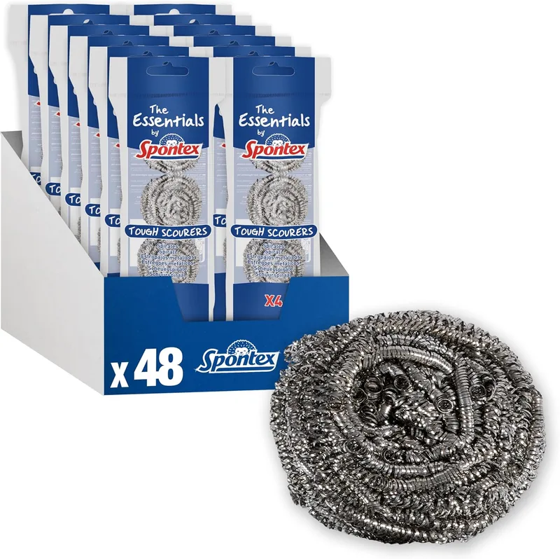 Spontex ▫️ Esfregões metálicos resistentes The Essentials | Esfregões de aço inoxidável | Resistentes para lavar, remover gordura e esfregar a louça com facilidade | Embalagem de 12 x 4 (48 no total)