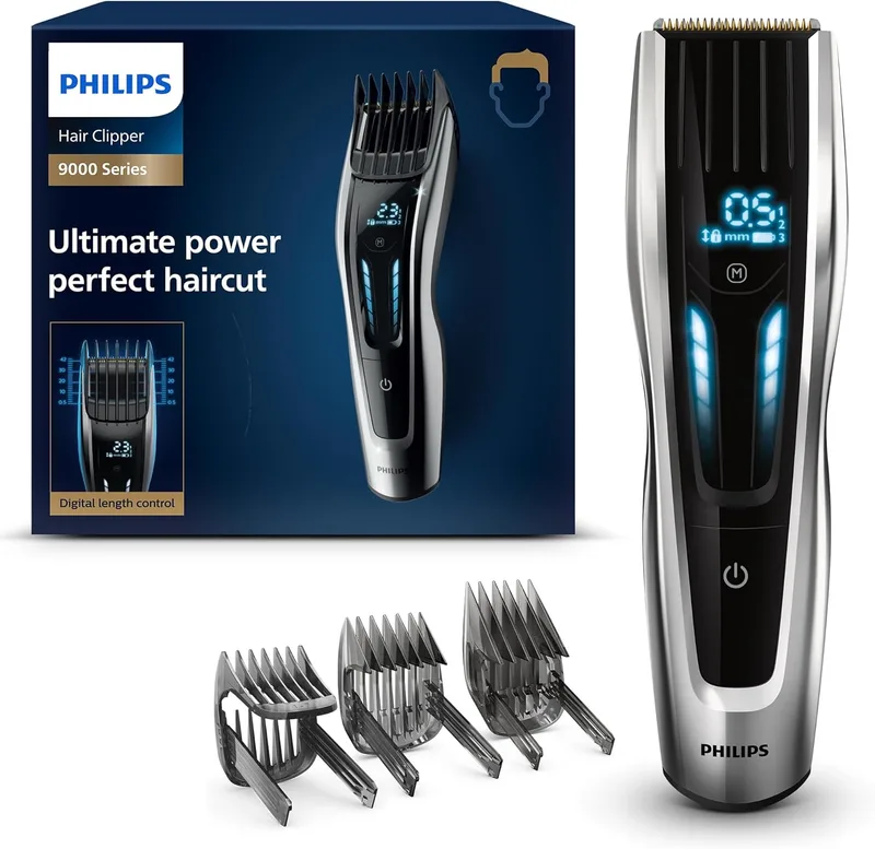 PHILIPS ▫️ Cortador de cabelo da série 9000 máquina de barbear elétrica e aparador para homem, controlo tátil digital, potência máxima, corte de cabelo perfeito, lâminas de titânio, 400 posições de comprimento, 120 min. de utilização sem fio, modelo HC9450/15