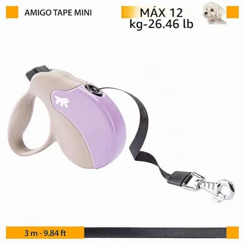 Ferplast ▫️ Trela Extensível para Cães Amigo Mini, Trela para cães de pequeno porte até 12 kg. Fita com comprimento máximo de 3 m. Botão único de bloqueio e libertação, bege, revestimento roxo 6