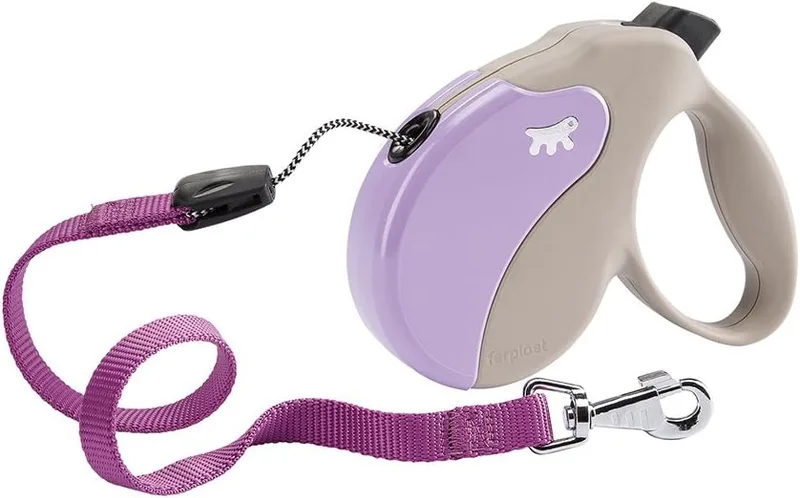 Ferplast ▫️ Trela extensível para cães AMIGO SMALL, trela para cães de pequeno porte até 15 kg. Comprimento máximo da trela: 5 m. Botão único para bloquear e soltar, bege, capa roxa