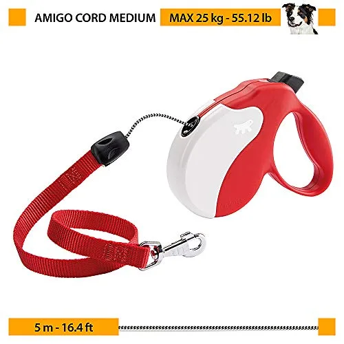 Ferplast ▫️ Trela Extensível para Cães AMIGO MEDIUM, Trela para cães de tamanho médio até 25 kg. Comprimento máximo de 5 m. Botão único para bloquear e soltar, vermelha, capa branca 6