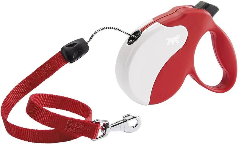 Ferplast ▫️ Trela Extensível para Cães AMIGO MEDIUM, Trela para cães de tamanho médio até 25 kg. Comprimento máximo de 5 m. Botão único para bloquear e soltar, vermelha, capa branca