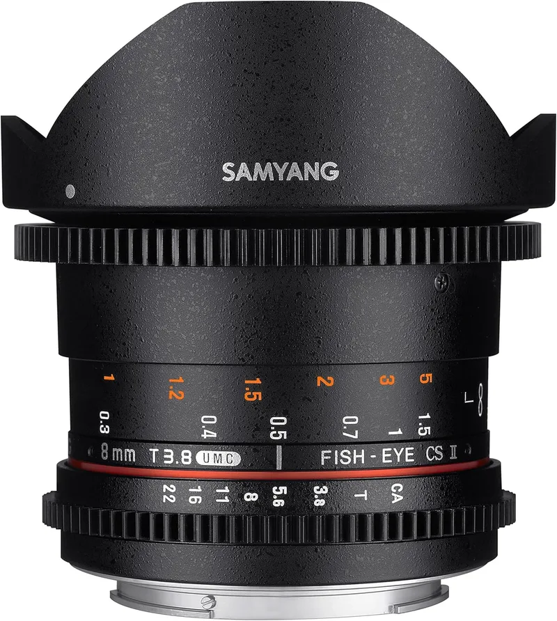 Samyang ▫️ F1322403101 - Objetiva de Vídeo VDSLR para Nikon F (Distância Focal Fixa 8mm, Abertura T3.8-22 UMC, Fisheye, CSII), Preto
