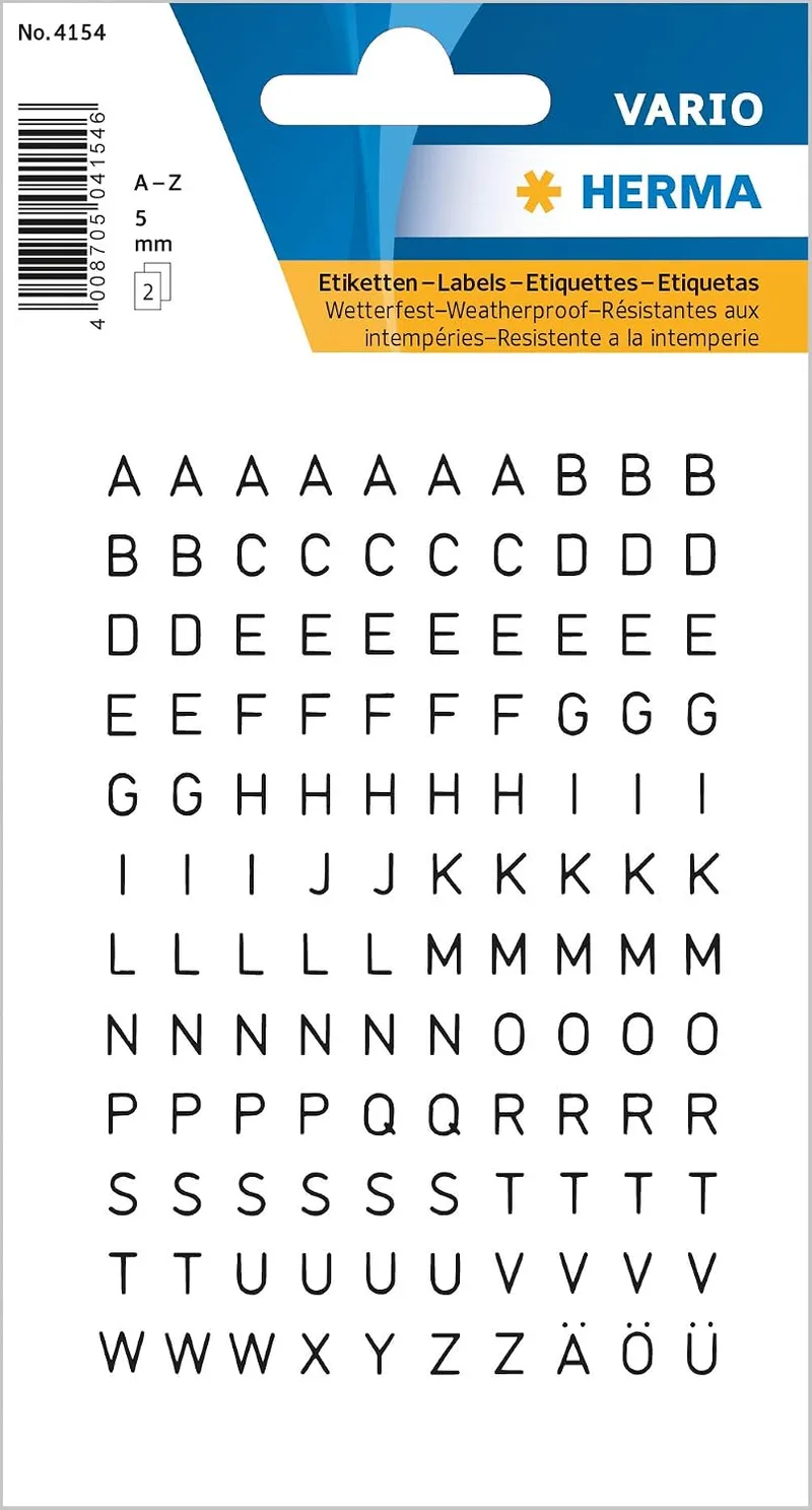 HERMA ▫️ Autocolantes com letras pretas, 240 unidades, tamanho das letras: 5 mm, autocolantes, resistentes à água, resistentes às intempéries, mini letras do alfabeto, letras A-Z em folha autocolante