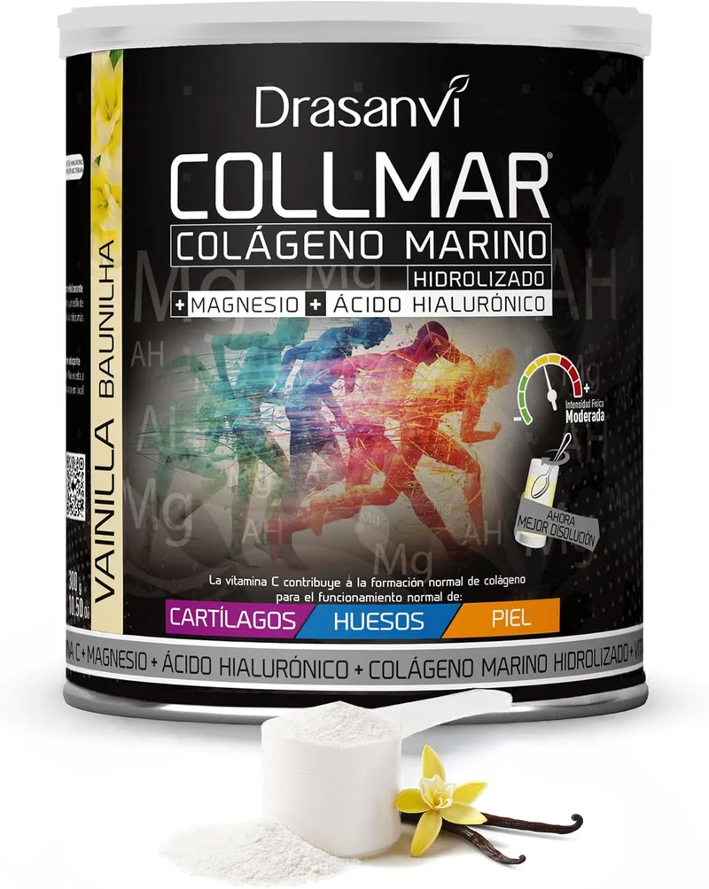 Drasanvi ▫️ COLLMAR Colagénio Marinho Hidrolisado com Ácido Hialurónico, Magnésio e Vitamina C | para cartilagens, ossos e pele | Sem adoçantes | Dose elevada: 9 717 mg/dia | 300 g de pó | Sabor a baunilha