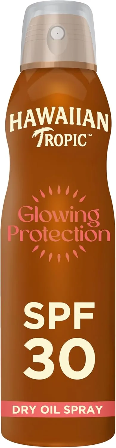 HAWAIIAN Tropic ▫️ Óleo Protetor Solar Glowing Protection - Bruma de Óleo Seco Autobronzeador e Acelerador do bronzeado FPS 30 Óleo de Argão - 180 ml
