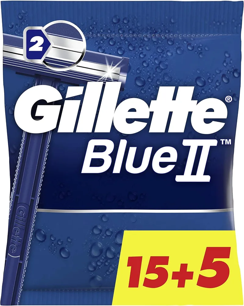 Gillette ▫️ Blue II, máquina de barbear descartável para homem, embalagem de 20 | Lâminas de barbear de duas lâminas de longa duração, cabeça fixa, faixa lubrificante